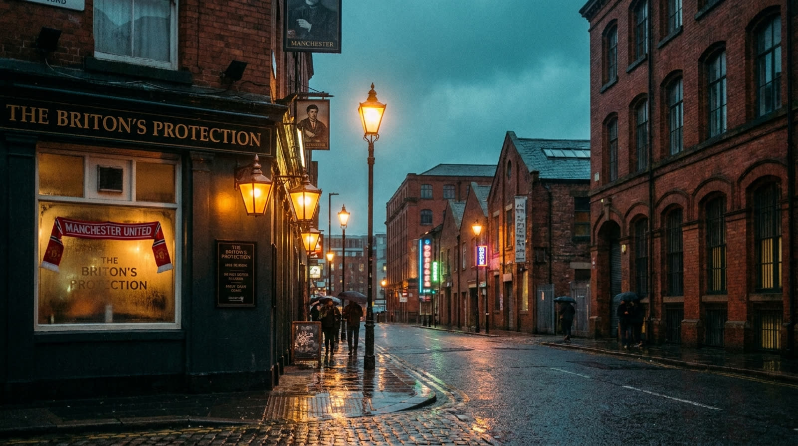 Regnvåt kveldsgate i Manchester med murstein og neonlys