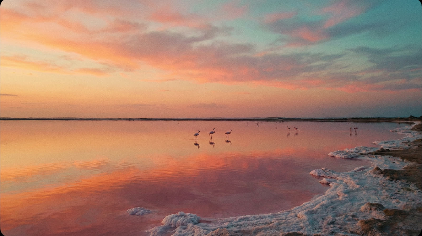 Den rosa saltsjøen i Torrevieja med flamingoer i skumringen